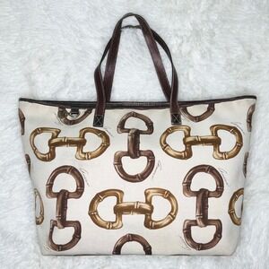 Gucci Bamboo Horsebit Monogram Canvas Large Tote Bag Brown Leather Trim